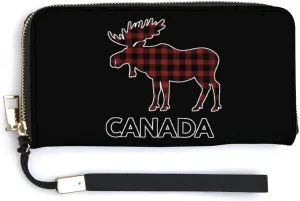 Plaid Moose Animal Silhouette Canada Long Wallet Leather Clutch Purse Handbag with Zip for Men Women