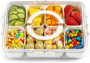 Plastic Divided Serving Tray with Lid and Handle Snack Box Charcuterie Container Portable Snack Platters Organizer for Candy, Fruits, Snacks, Nuts, for Party, Entertaining (White 8 compartments)
