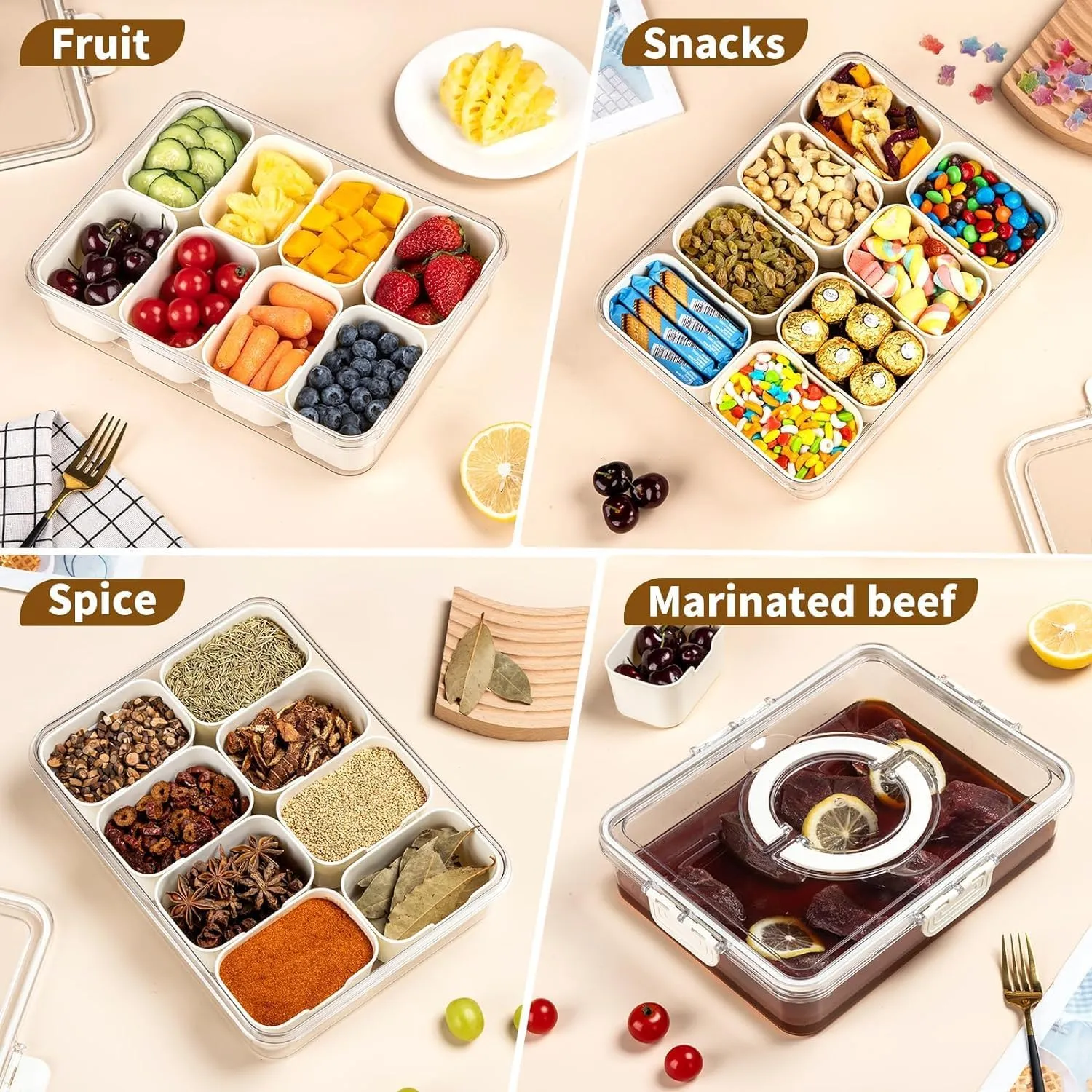 Plastic Divided Serving Tray with Lid and Handle Snack Box Charcuterie Container Portable Snack Platters Organizer for Candy, Fruits, Snacks, Nuts, for Party, Entertaining (White 8 compartments)