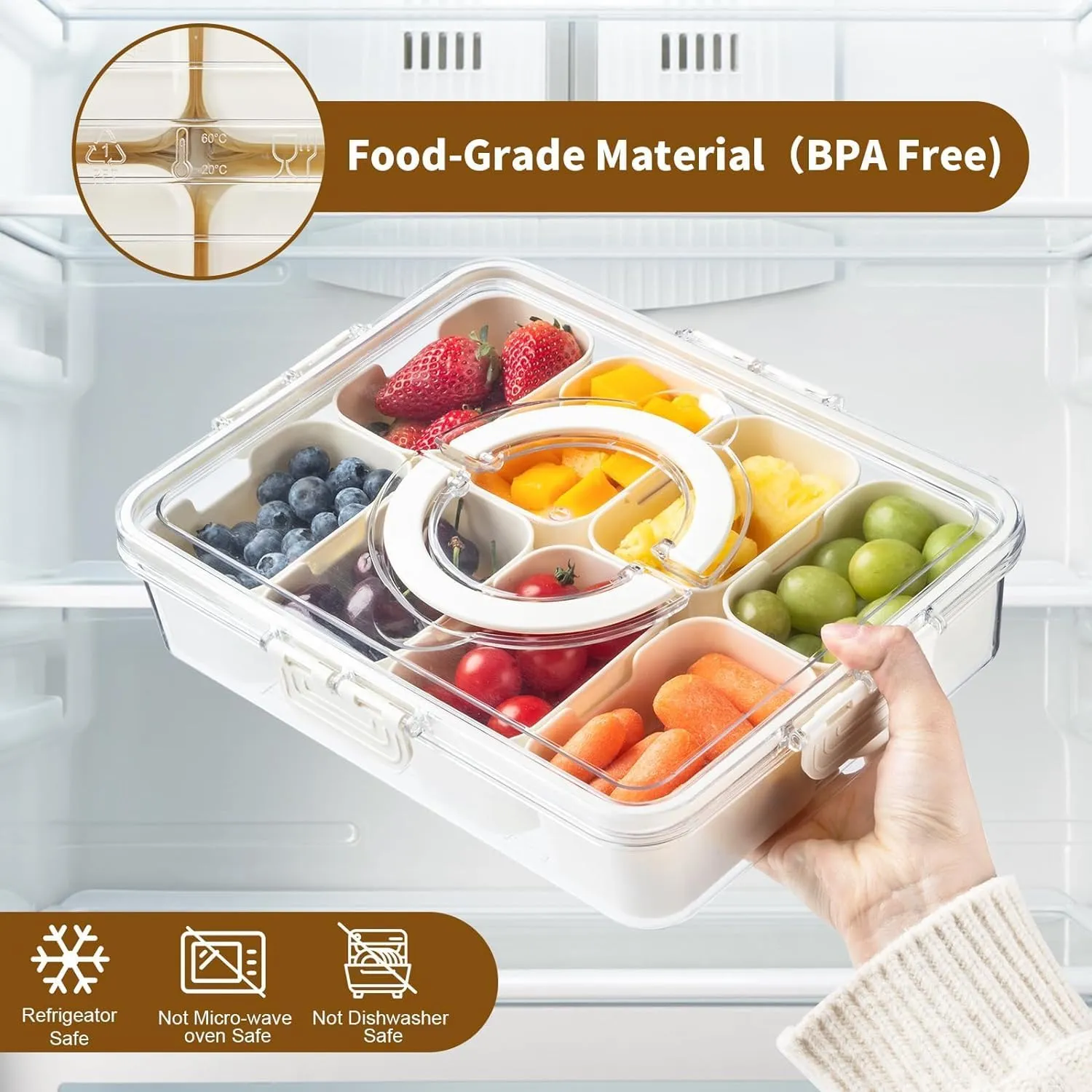 Plastic Divided Serving Tray with Lid and Handle Snack Box Charcuterie Container Portable Snack Platters Organizer for Candy, Fruits, Snacks, Nuts, for Party, Entertaining (White 8 compartments)