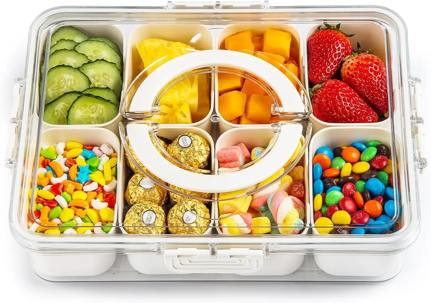 Plastic Divided Serving Tray with Lid and Handle Snack Box Charcuterie Container Portable Snack Platters Organizer for Candy, Fruits, Snacks, Nuts, for Party, Entertaining (White 8 compartments)