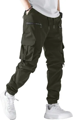 PLEPAN Men's Casual Cargo Pants Elastic Waist Drawstring Joggers Pants Tapered Sweatpants for Men Multi Pockets