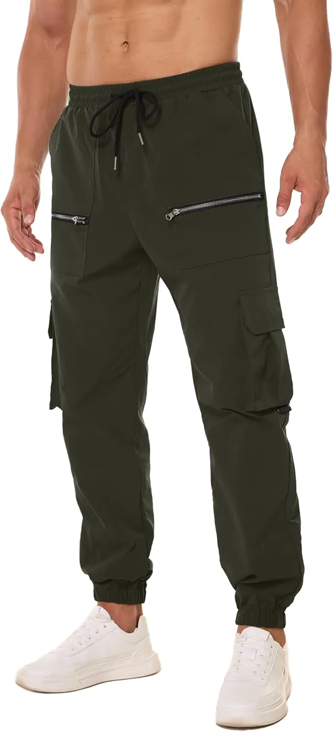 PLEPAN Men's Casual Cargo Pants Elastic Waist Drawstring Joggers Pants Tapered Sweatpants for Men Multi Pockets