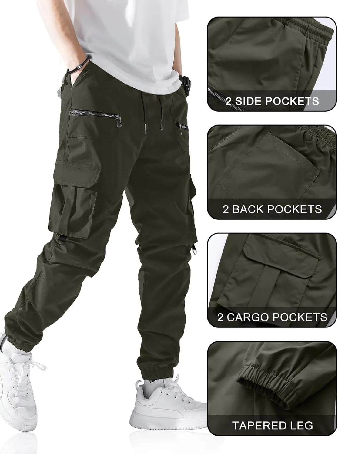 PLEPAN Men's Casual Cargo Pants Elastic Waist Drawstring Joggers Pants Tapered Sweatpants for Men Multi Pockets