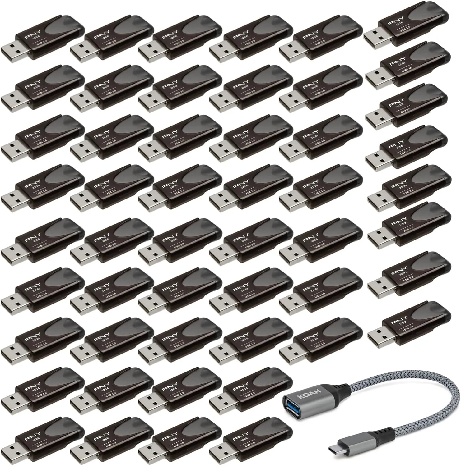 PNY 32GB USB 3.2 EliteTurbo Attache 4 (50-Pack) with USB-C Adapter Bundle (51 Items)
