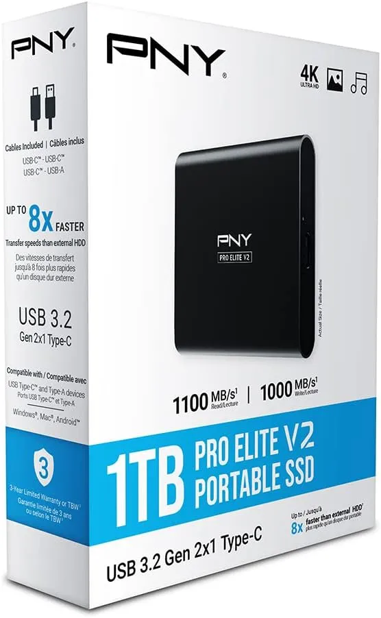 PNY Pro Elite V2 1TB USB 3.2 Gen 2x1 Type-C Portable Solid State Drive (SSD) – (PSD0CS2160-1TB-RB)