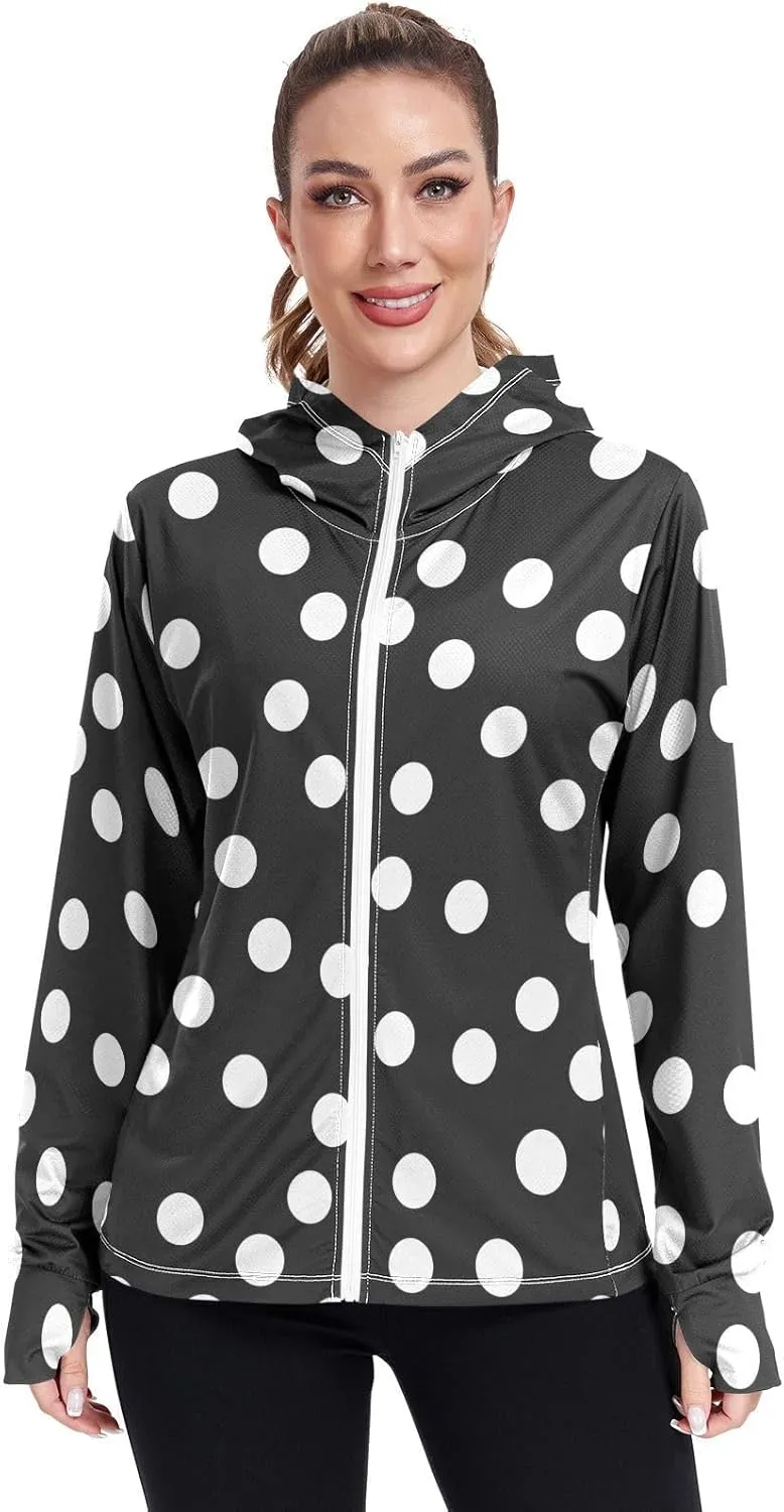 Polka Dots White Dots Black Uv Protection Jacket for Women, Upf 50  Zip up Long Sleeve Hiking Shirt