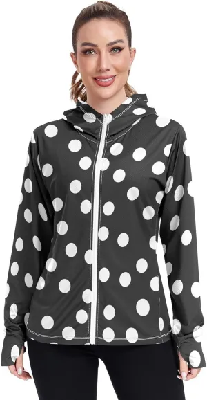 Polka Dots White Dots Black Uv Protection Jacket for Women, Upf 50  Zip up Long Sleeve Hiking Shirt