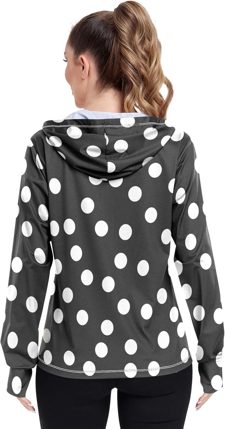 Polka Dots White Dots Black Uv Protection Jacket for Women, Upf 50  Zip up Long Sleeve Hiking Shirt