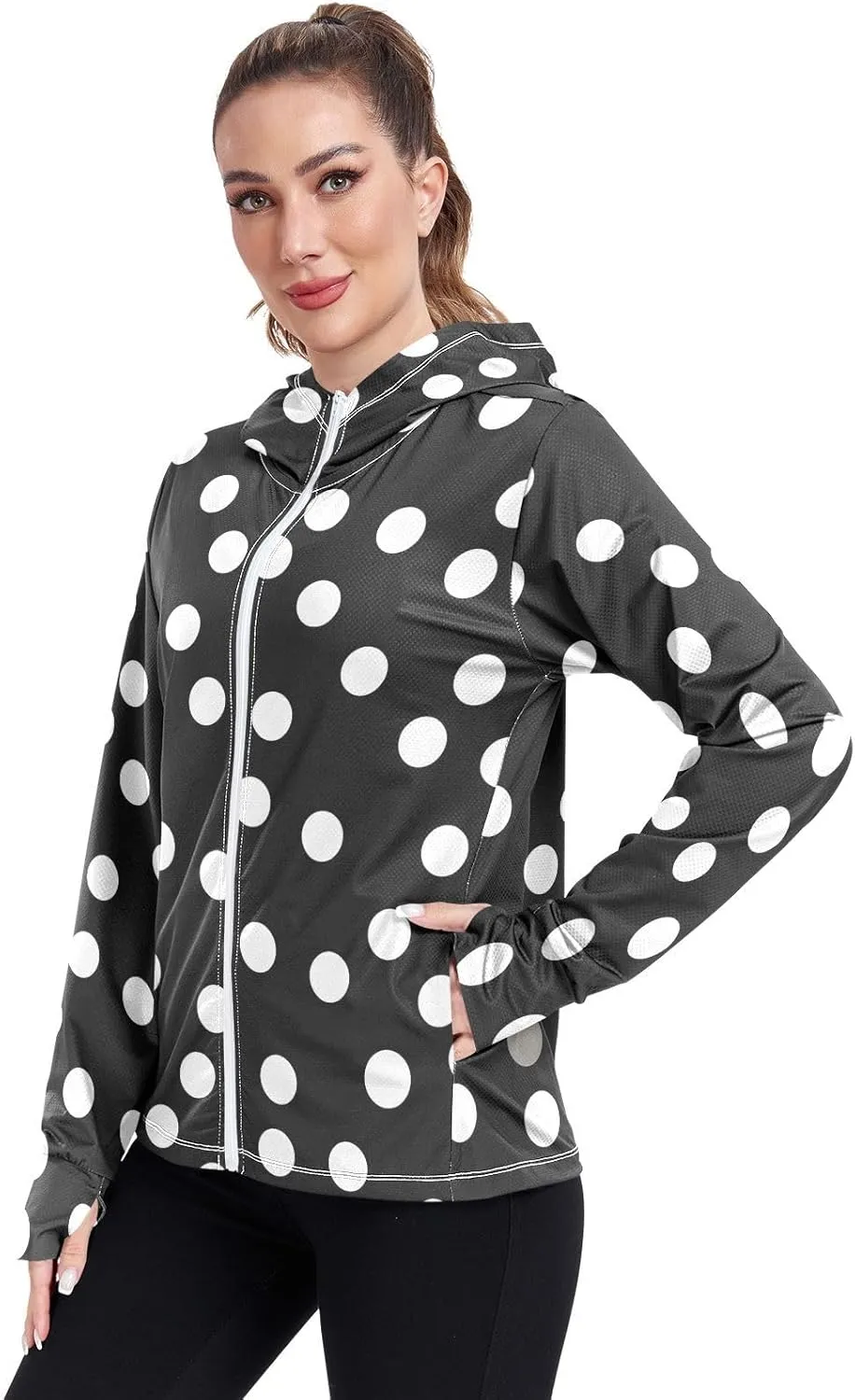 Polka Dots White Dots Black Uv Protection Jacket for Women, Upf 50  Zip up Long Sleeve Hiking Shirt
