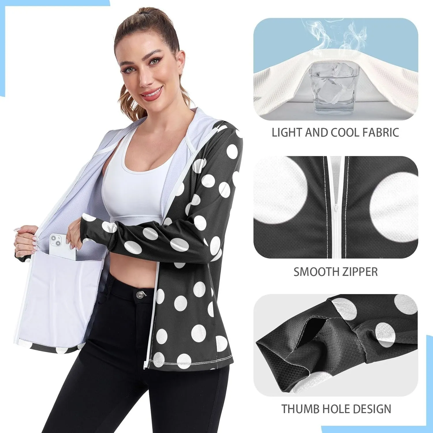 Polka Dots White Dots Black Uv Protection Jacket for Women, Upf 50  Zip up Long Sleeve Hiking Shirt