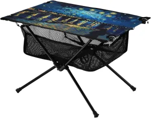 Portable Camping Table Foldable with Mesh Storage Lightweight Compact Camp Tent Side Table for Outside,Camping,Hiking,Tailgating,Van Gogh's Starry Sky