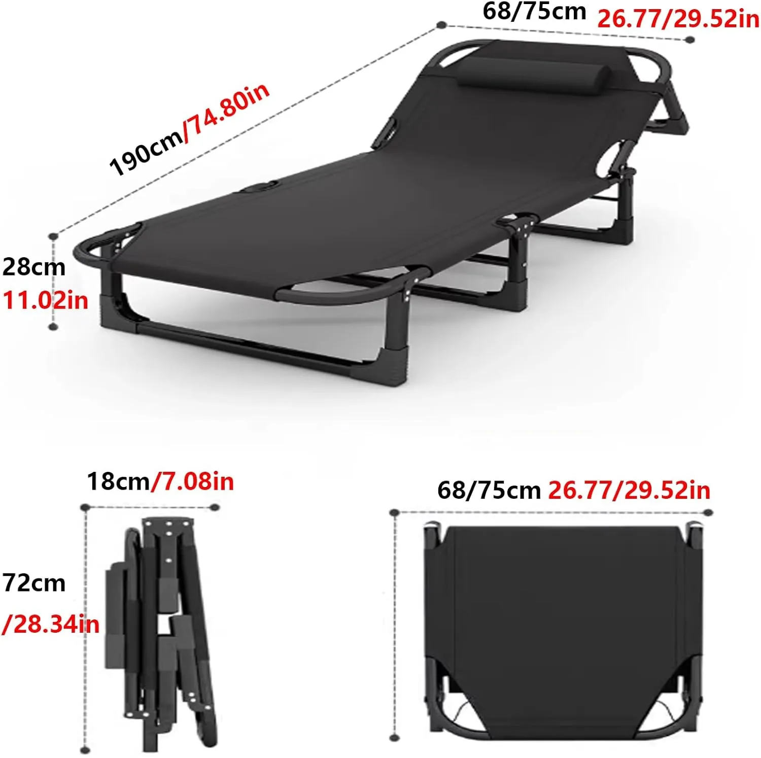 Portable Foldable Camping Bed for Adults, Guest Cot with 4-Level Adjustable Reclining Lounge Chair, Sturdy Steel Frame for Outdoor Camping, Office Nap, Hospital Accompaniment, Beach Lounging(190*68*28