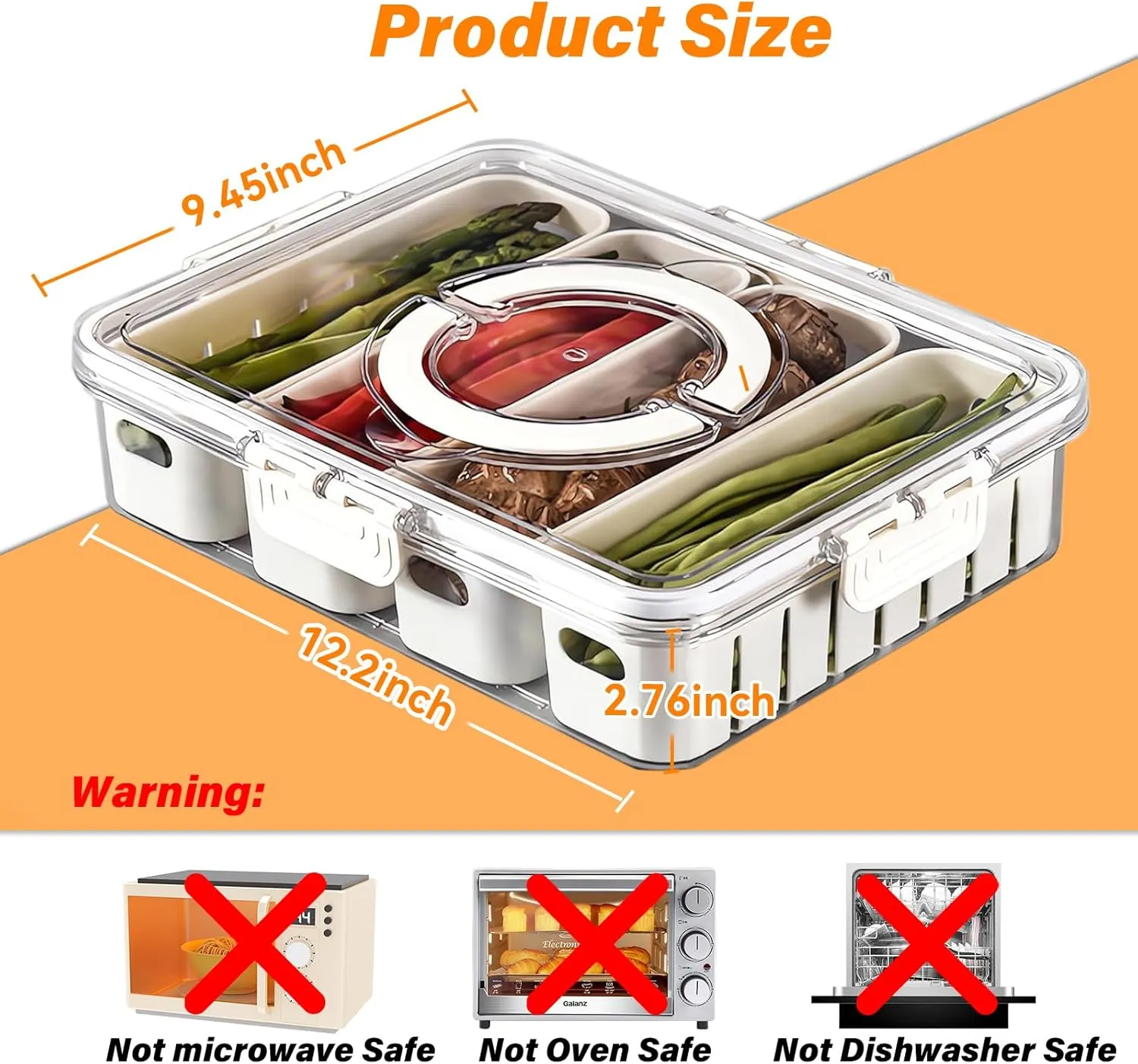 Portable Fruit Storage Containers for Fridge, 4 Compartments Snack Box Container, BPA-Free Divided Serving Tray with Lid for Veggie, Clear Snack Tray Candy Tray