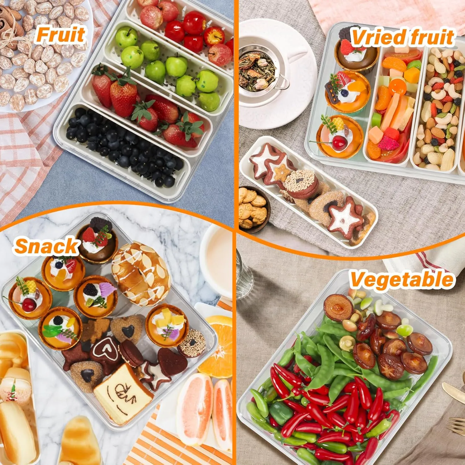 Portable Fruit Storage Containers for Fridge, 4 Compartments Snack Box Container, BPA-Free Divided Serving Tray with Lid for Veggie, Clear Snack Tray Candy Tray