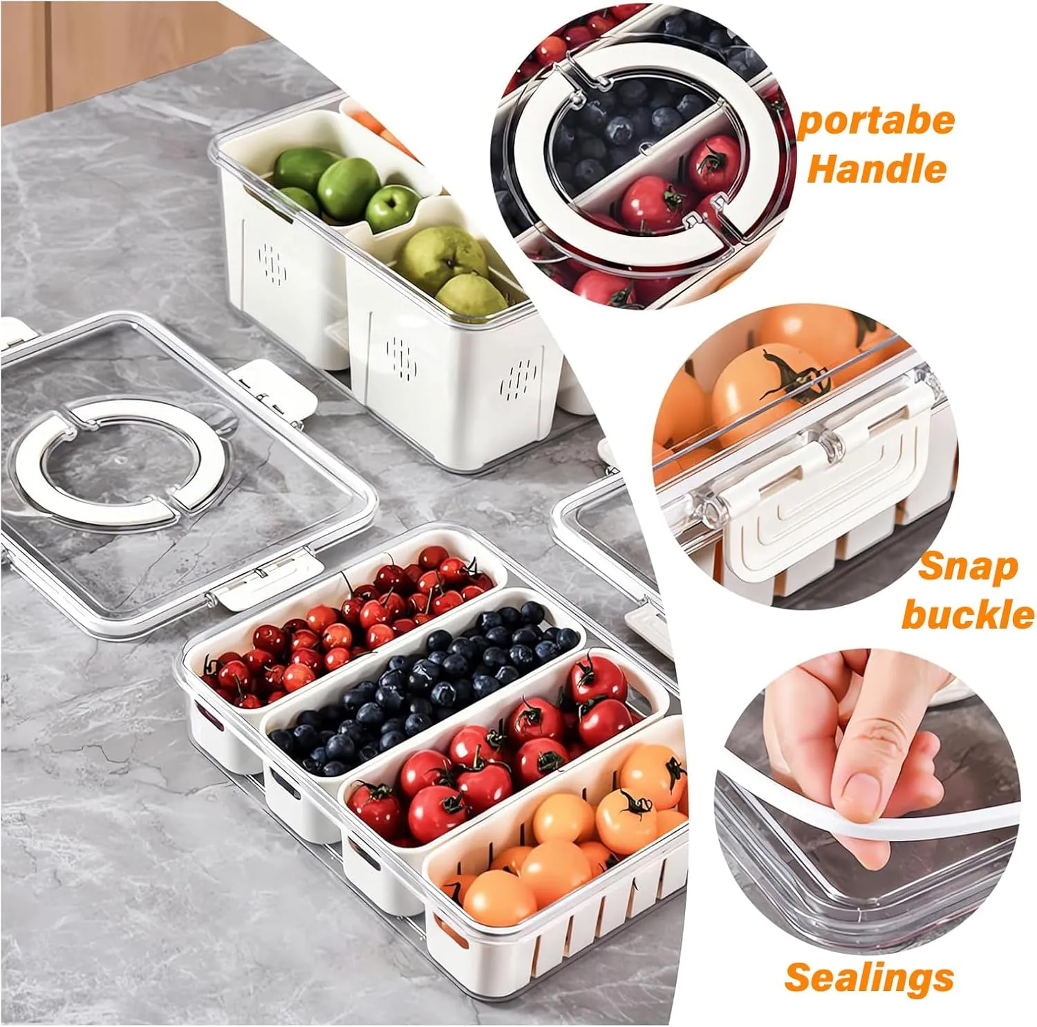 Portable Fruit Storage Containers for Fridge, 4 Compartments Snack Box Container, BPA-Free Divided Serving Tray with Lid for Veggie, Clear Snack Tray Candy Tray