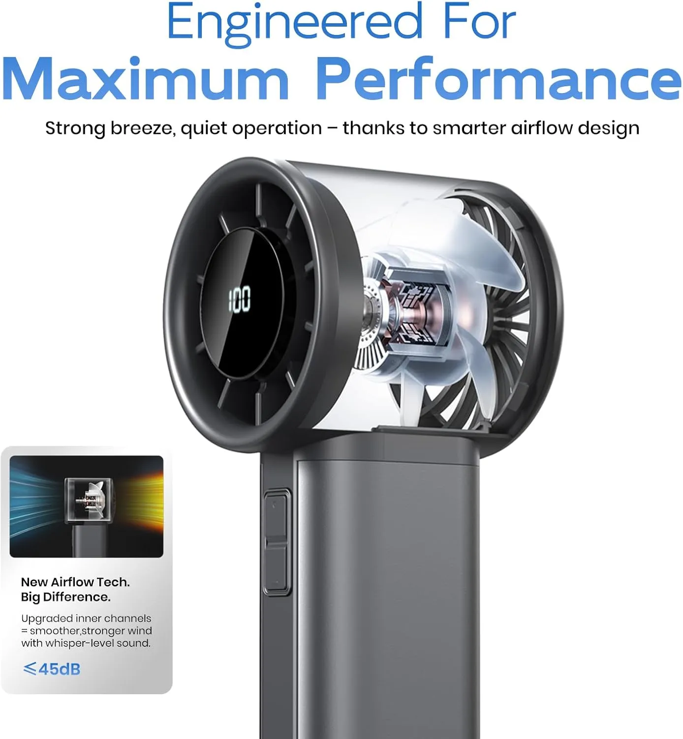 Portable Handheld Turbo Fan, 100 Speeds Adjustable Mini Personal Fan, 4500mAh USB-C Rechargeable Battery Operated, Digital Display, Ultra-Quiet & Durable for Travel, Office, Gym, Outdoor Gold