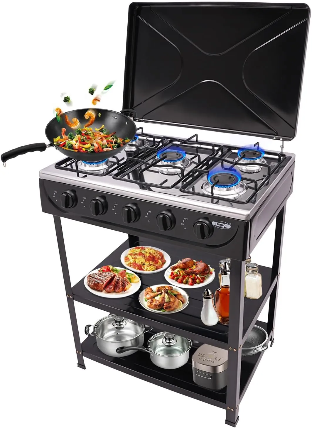 Portable Natural Gas Stove with 5 Burners,Portable Gas Stove,Propane Burner with Wind Blocking Cover,Camping Stoves Portable Propane with Removable Storage Stand(No Hose)