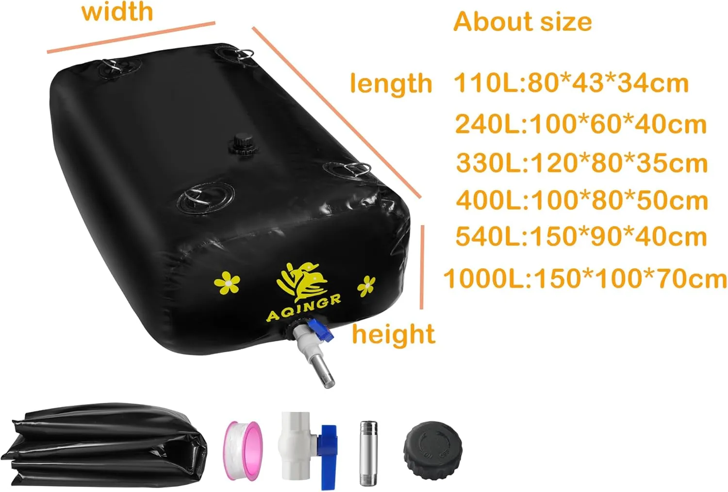 Portable Water Storage Bladder Portable PVC Water Reservoir with valves and Overflow Kit Containers Foldable Water Tank for Outdoor Use Fire Protection Agricultural Irrigation Black 63.4 Gallons(240L)