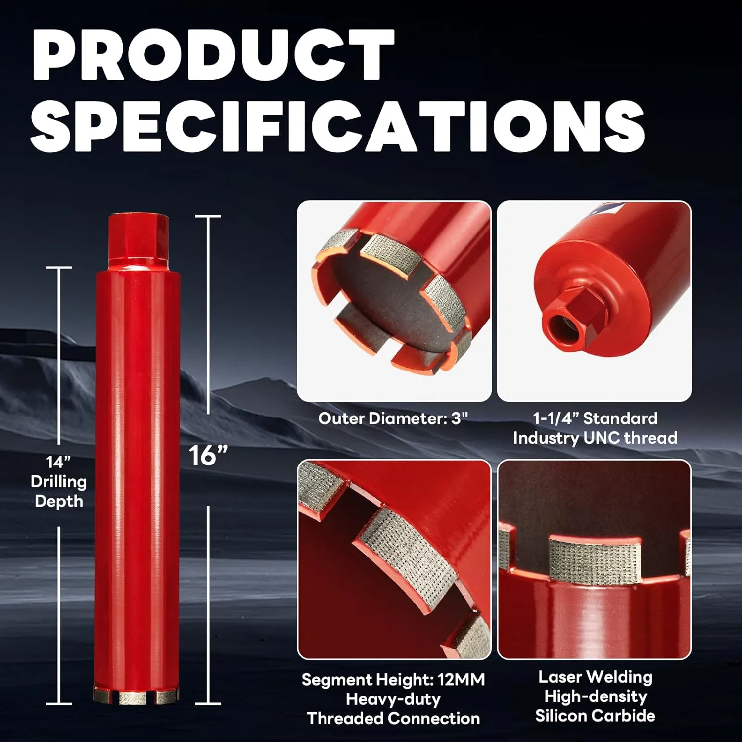 Premium 3" Wet Core Drill Bit for Hard Concrete with High-Density Diamond, Precision-Welded Segments, 1-1/4"-7 UNC x 14" Depth, Industrial Grade for Concrete Rebar, Brick, Masonry, Asphalt