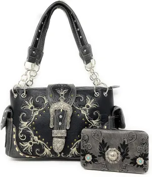 Premium Rhinestone Buckle Concho Handbag, Wallet Set in 3 colors