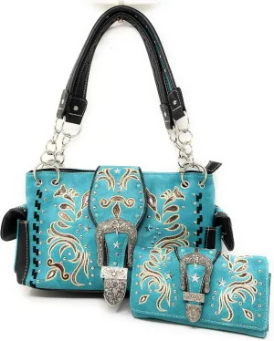 Premium Rhinestone Buckle Concho Handbag, Wallet Set in 3 colors