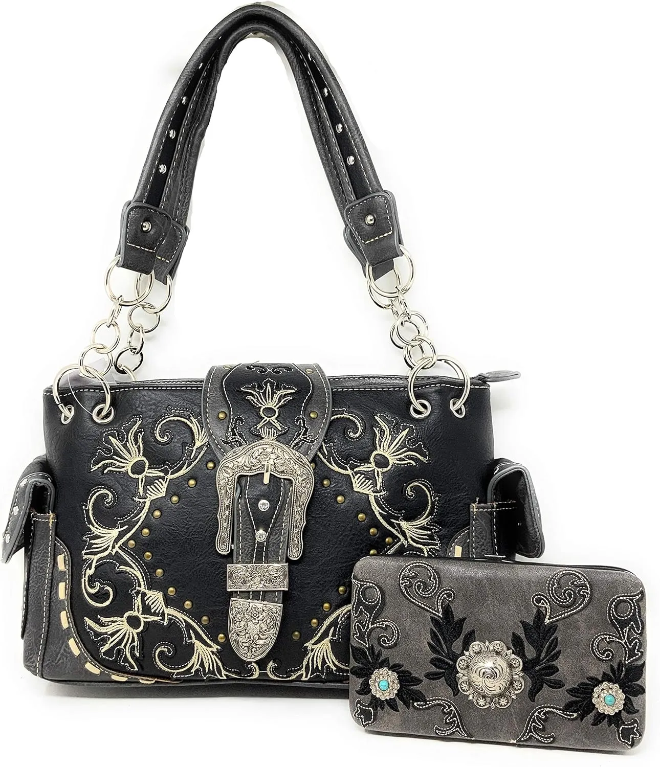 Premium Rhinestone Buckle Concho Handbag, Wallet Set in 3 colors