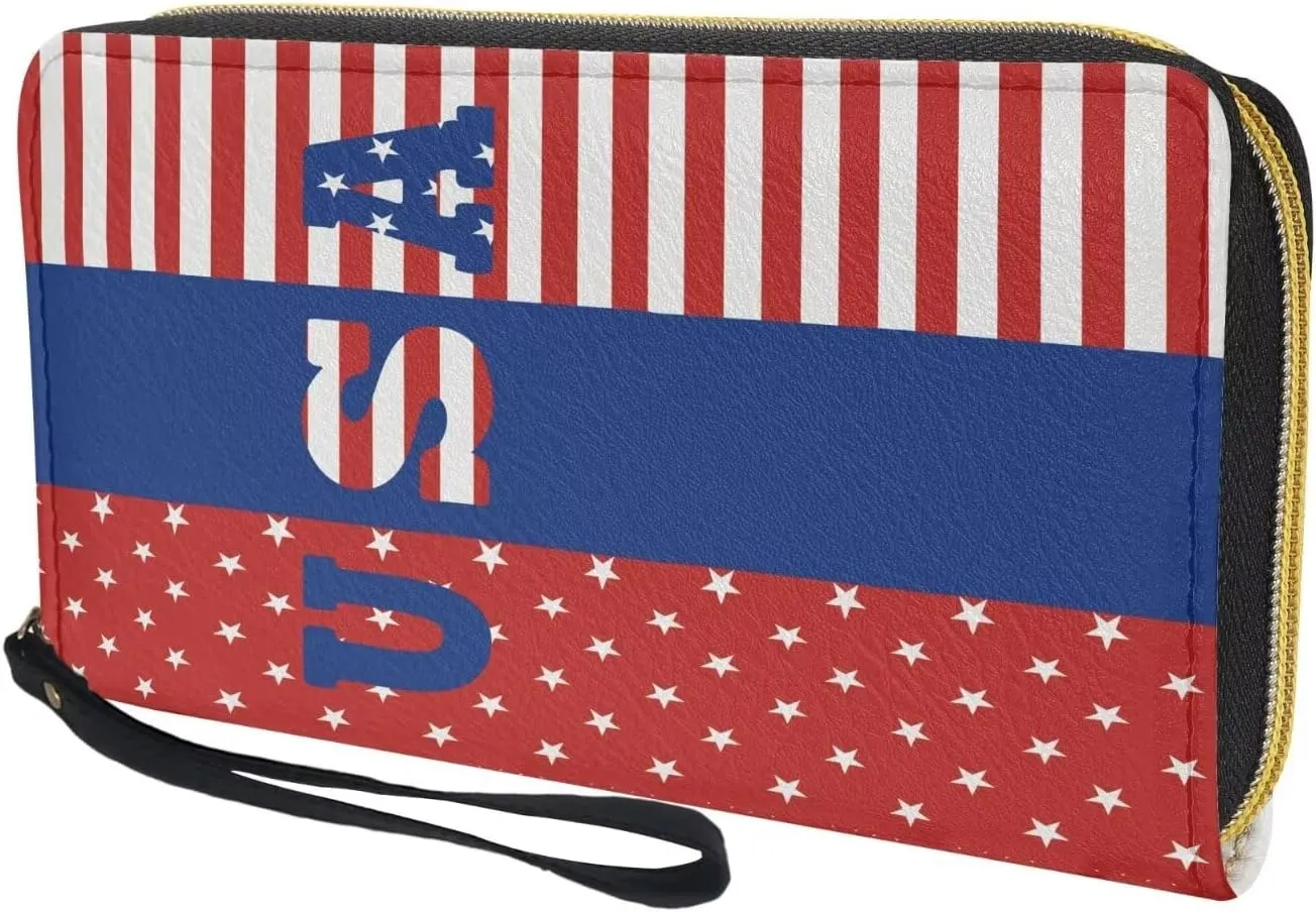 Print American Flag Travel Wallet Long Coin Purse Clutch Cell Phone Case with Wristlet Strap
