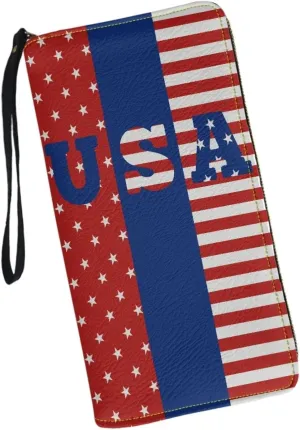 Print American Flag Travel Wallet Long Coin Purse Clutch Cell Phone Case with Wristlet Strap