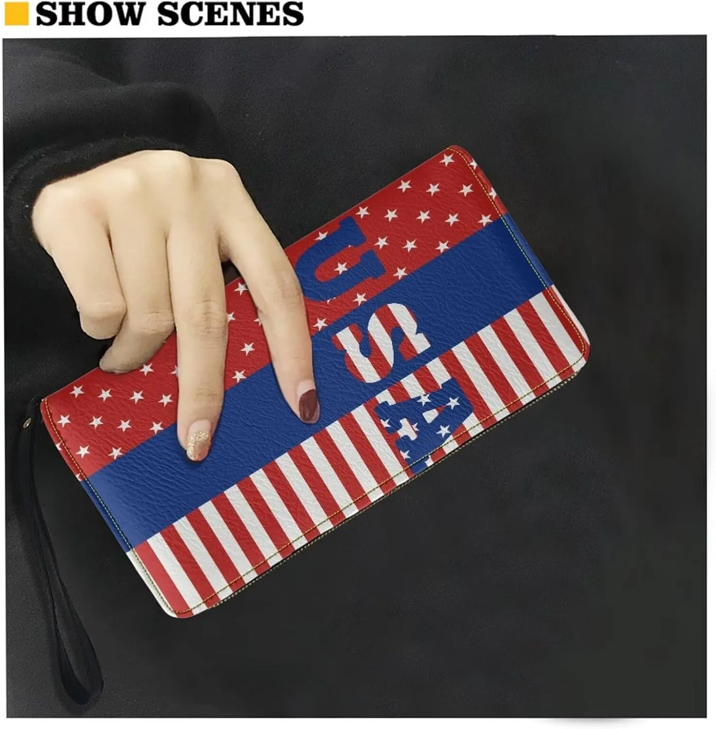 Print American Flag Travel Wallet Long Coin Purse Clutch Cell Phone Case with Wristlet Strap