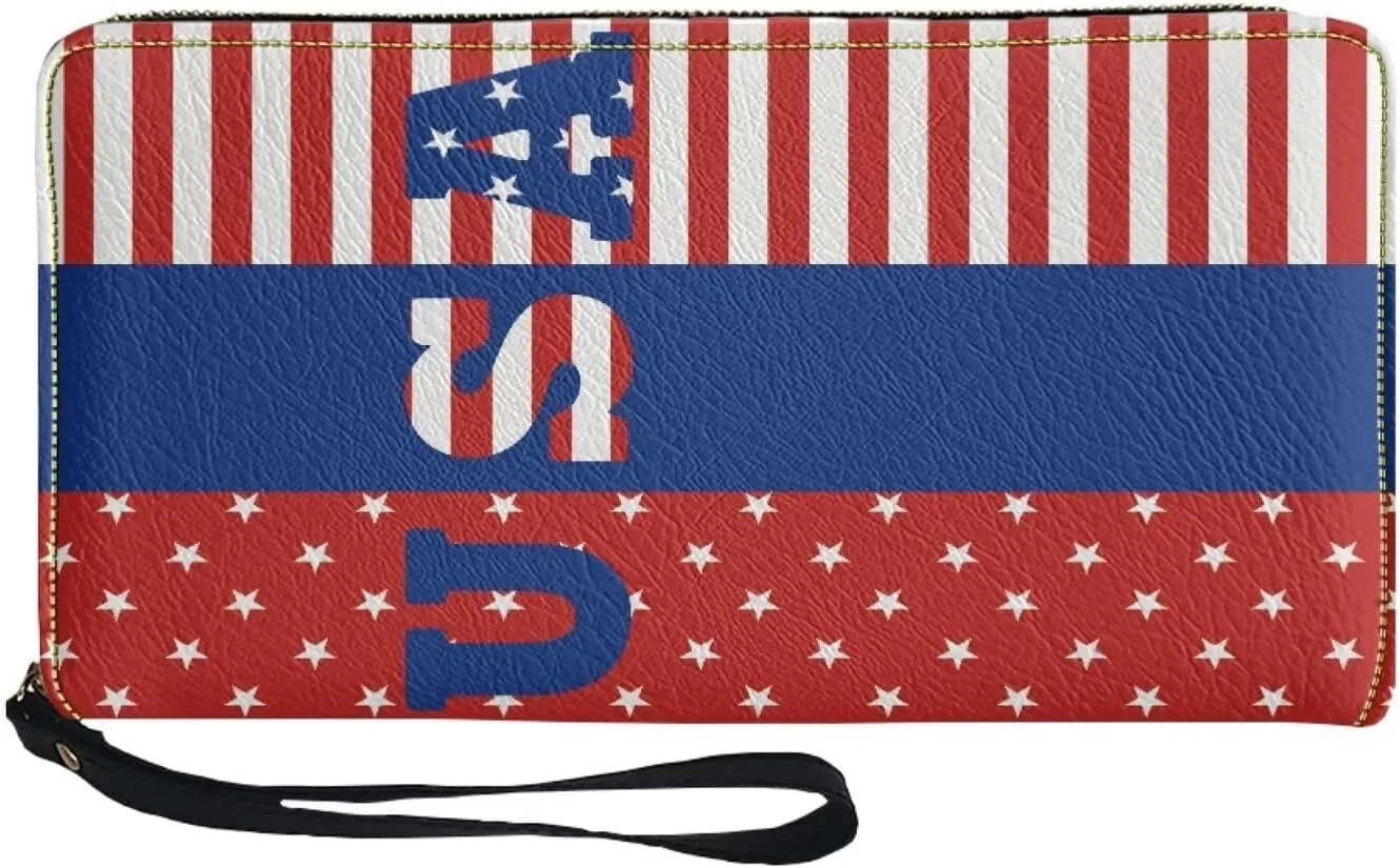 Print American Flag Travel Wallet Long Coin Purse Clutch Cell Phone Case with Wristlet Strap