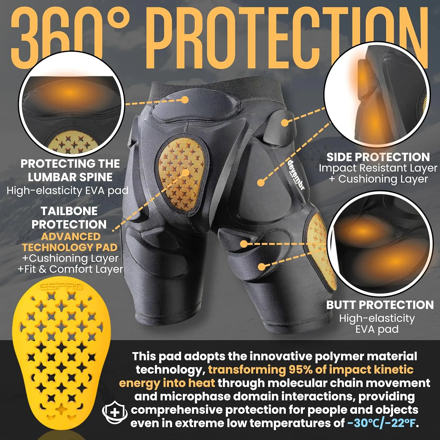 Protective Padded Shorts, Butt Pads Snowboarding for Women, Men - Impact Absorption Cushion Protection, Cold Resistance for Skate Ski