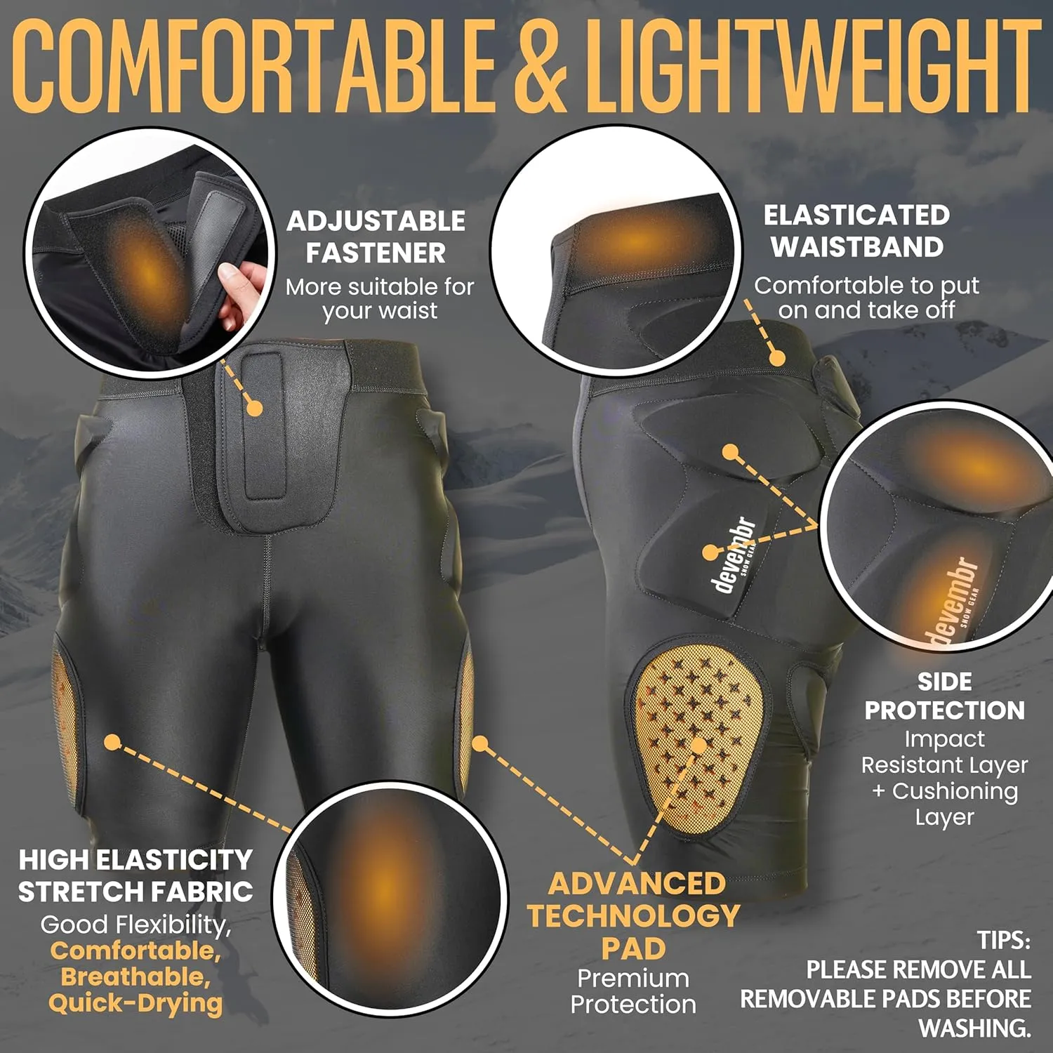 Protective Padded Shorts, Butt Pads Snowboarding for Women, Men - Impact Absorption Cushion Protection, Cold Resistance for Skate Ski
