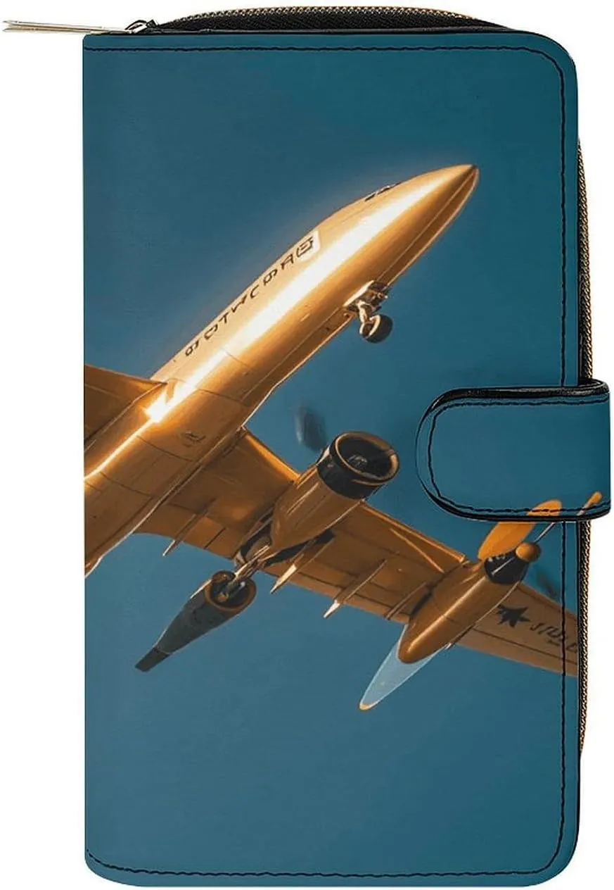 PU Leather Wallet Golden Daylight Aircraft Print Travel Purse Women's Long Bifold Wallet Ladies Card Holder Purse with Zipper & Snap Closure