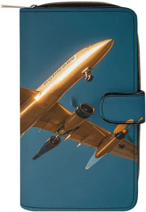 PU Leather Wallet Golden Daylight Aircraft Print Travel Purse Women's Long Bifold Wallet Ladies Card Holder Purse with Zipper & Snap Closure