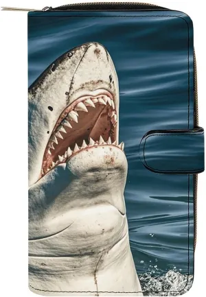 PU Leather Wallet Shark Bites Print Travel Purse Women's Long Bifold Wallet Ladies Card Holder Purse with Zipper & Snap Closure