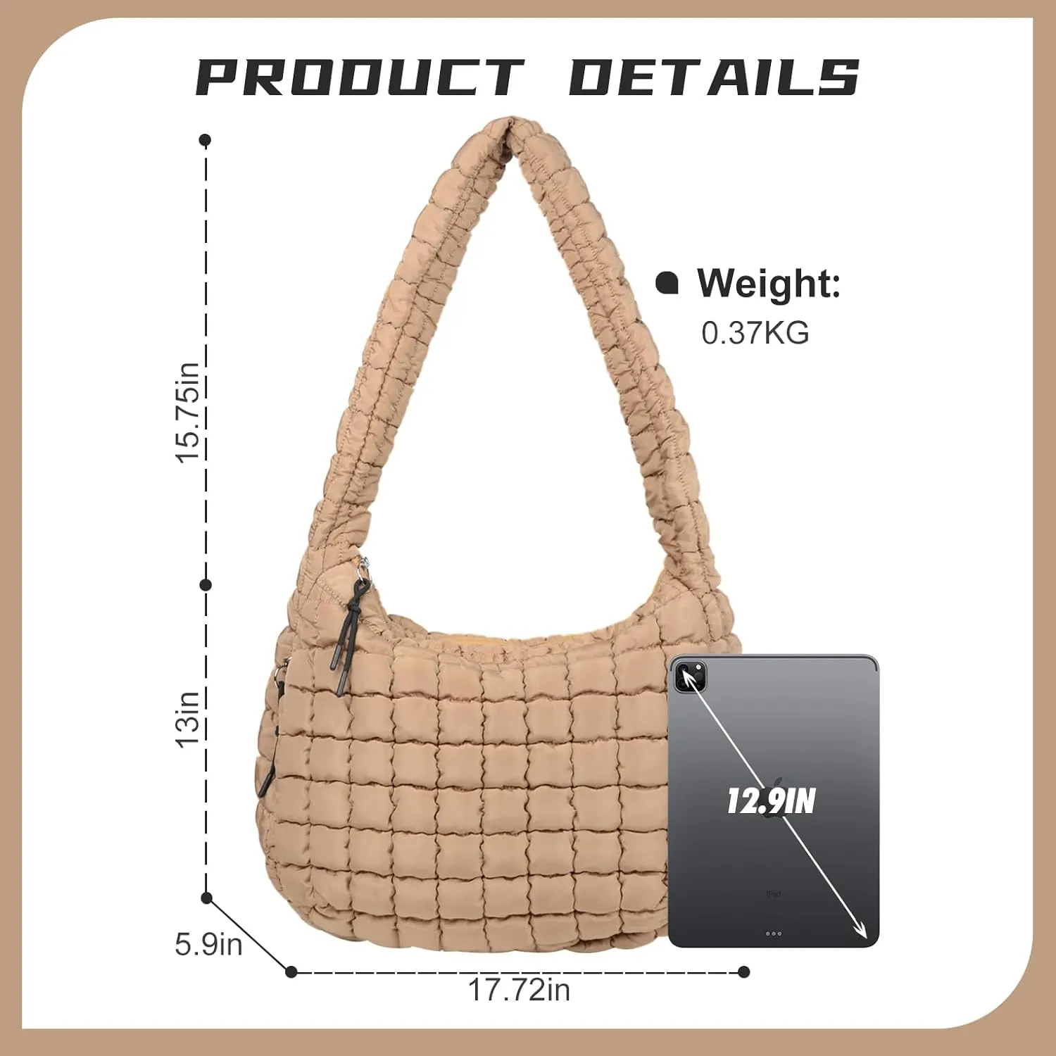 Puffer Tote Bag for Women, Large Puffy Quilted Crossbody Purse with Zipper Lightweight Shoulder Bag Handbag