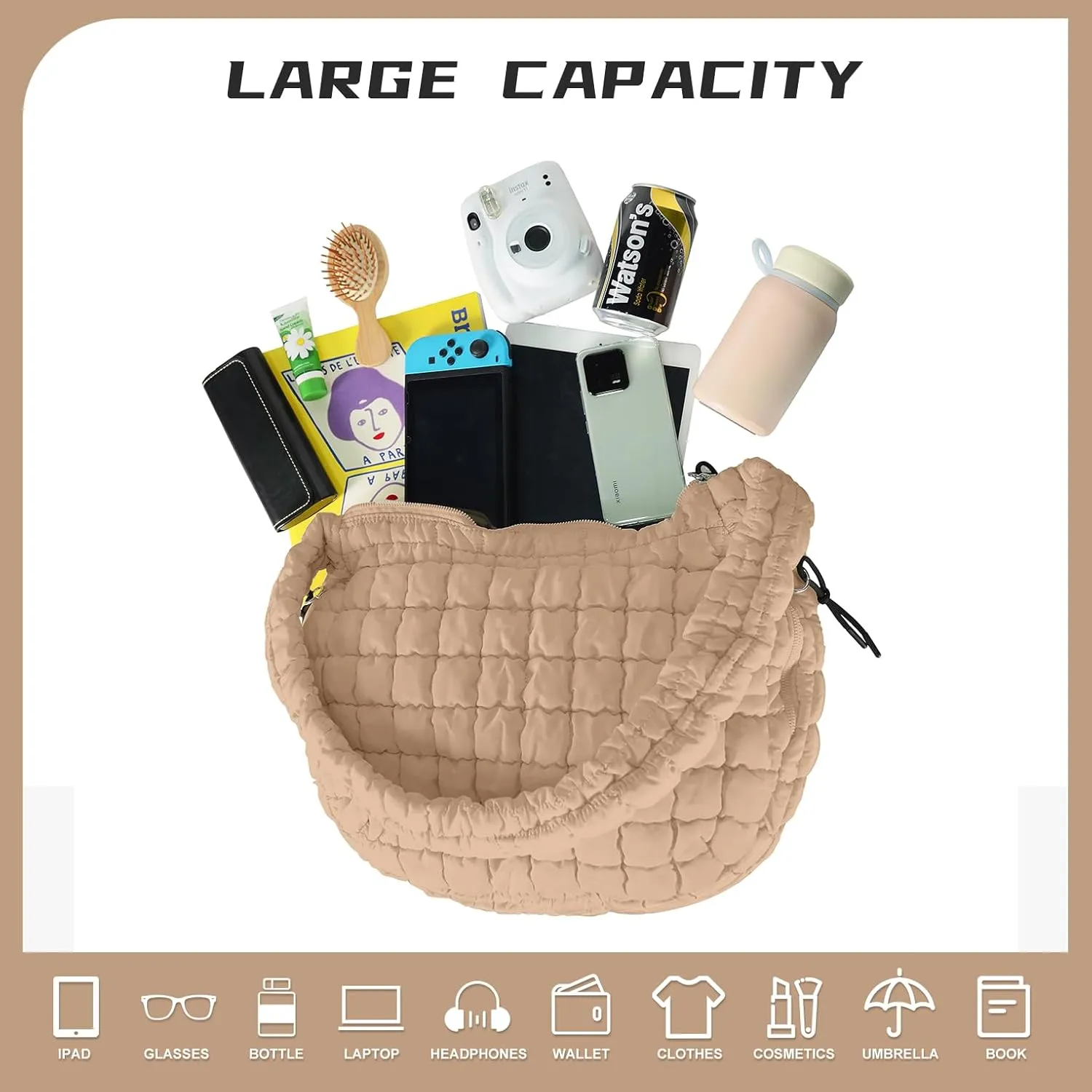 Puffer Tote Bag for Women, Large Puffy Quilted Crossbody Purse with Zipper Lightweight Shoulder Bag Handbag