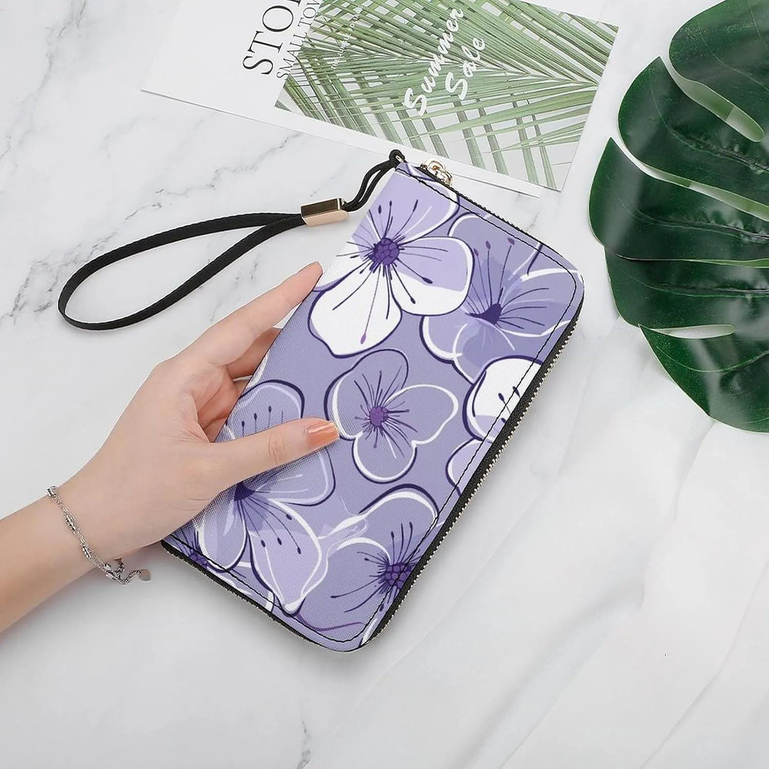 Purple Toned Flowers Wristlet Long Wallet Womens Purse Zip Clutch Large Capacity Leather Purse Credit Coin Purse