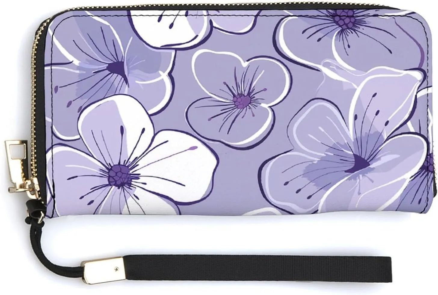 Purple Toned Flowers Wristlet Long Wallet Womens Purse Zip Clutch Large Capacity Leather Purse Credit Coin Purse