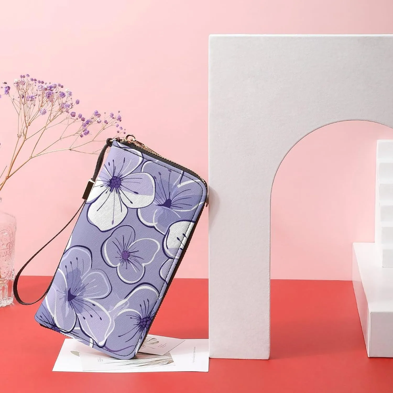 Purple Toned Flowers Wristlet Long Wallet Womens Purse Zip Clutch Large Capacity Leather Purse Credit Coin Purse