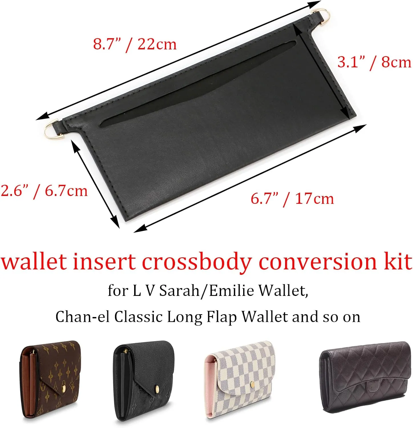 Purse Insert Organizer Conversion Kit for Emilie Wallet, Crossbody Conversion kit Compatible with LV Sarah Wallet, Convert Classic Long Flap Wallet Into Crossbody Bag (Black)