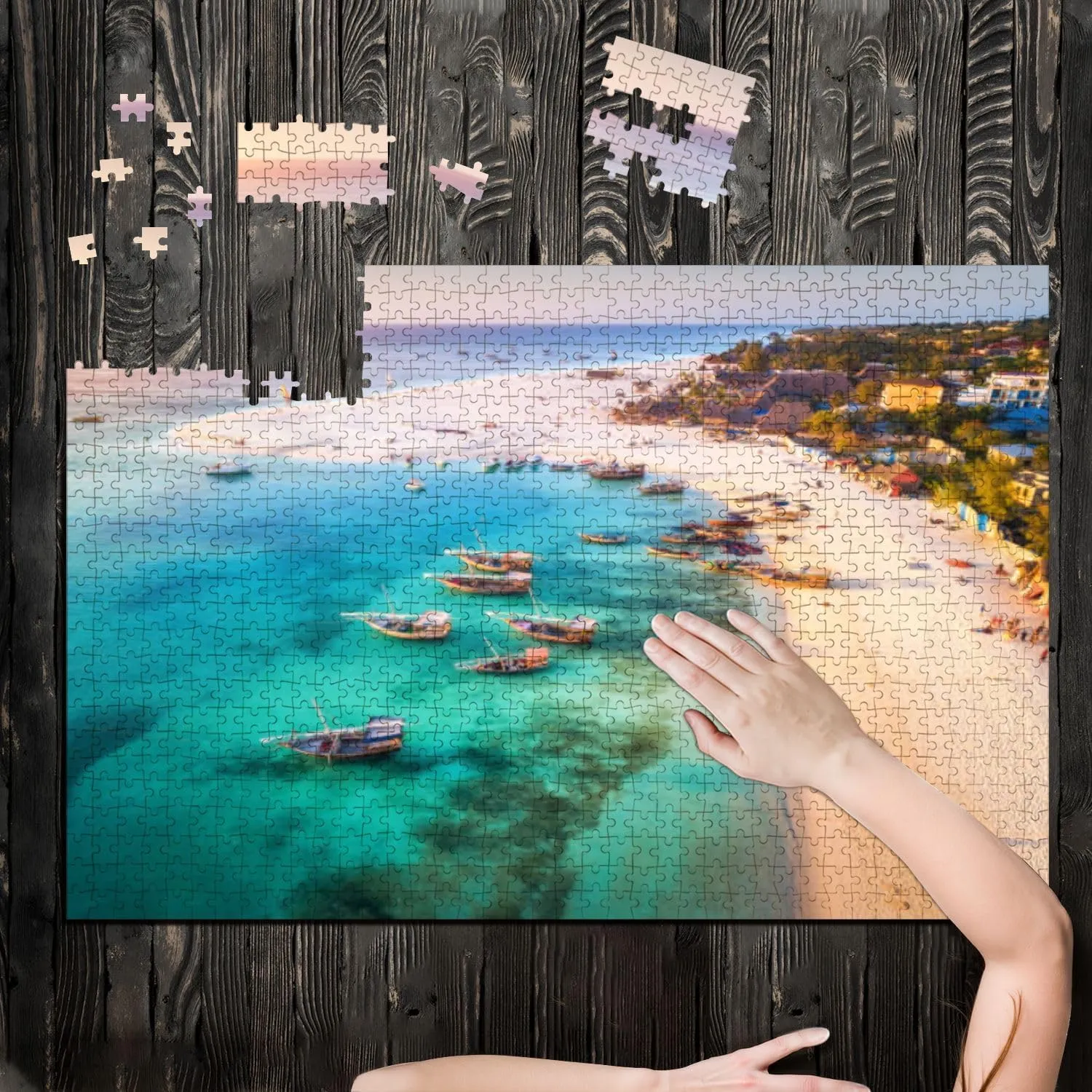 Puzzles for Adults 1000 Pieces Aerial View Fishing Boats Tropical sea Coast Sandy Beach Sunset Summer Wooden Jigsaw Puzzles Challenging Fun Educational Family Games Kid Toys Art Work Gift Home Decor