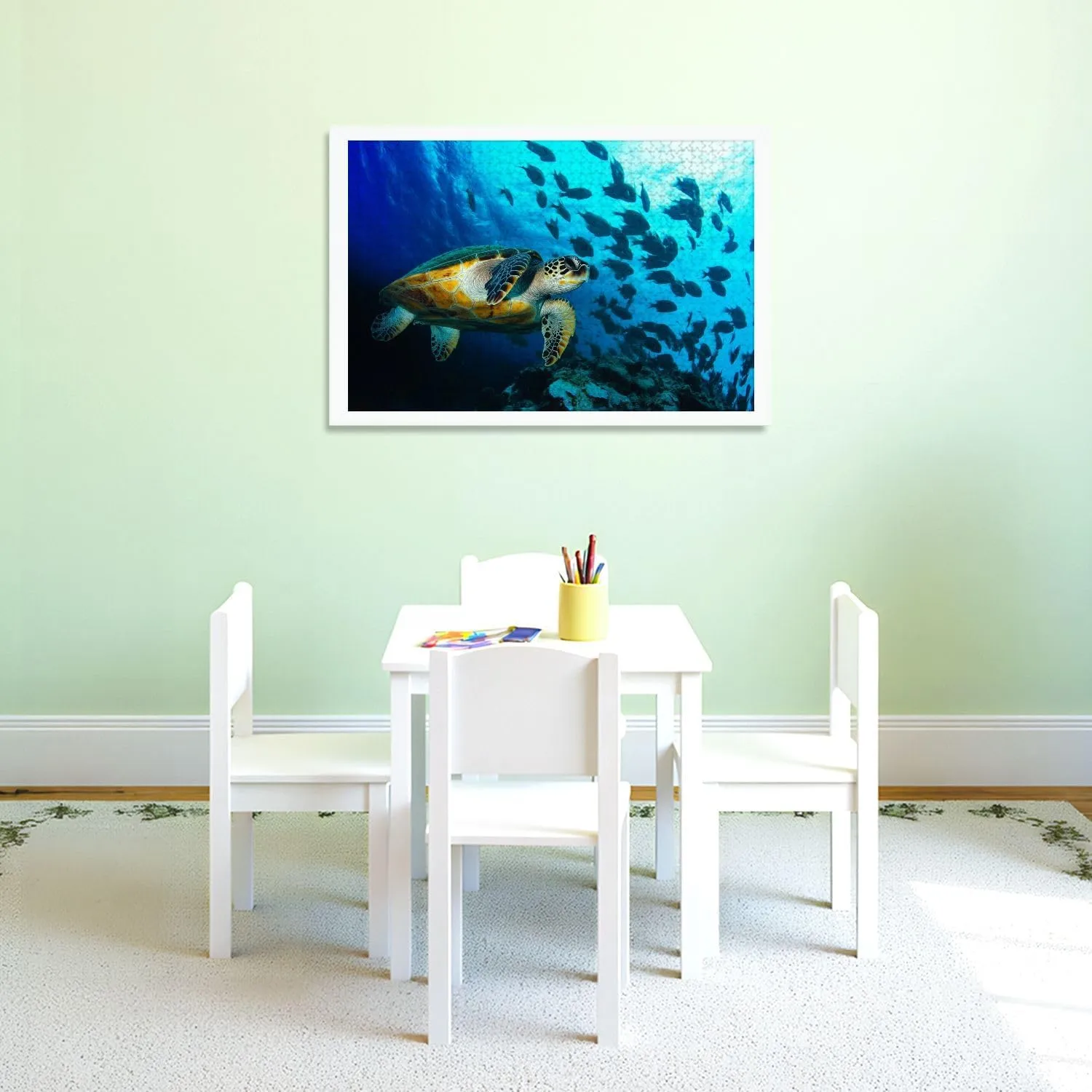 Puzzles for Adults 1000 Pieces Loggerhead Sea Turtle Swimming Between Fish Wooden Jigsaw Puzzles Challenging Fun Educational Family Games Kid Toys Art Work Gift Home Decor