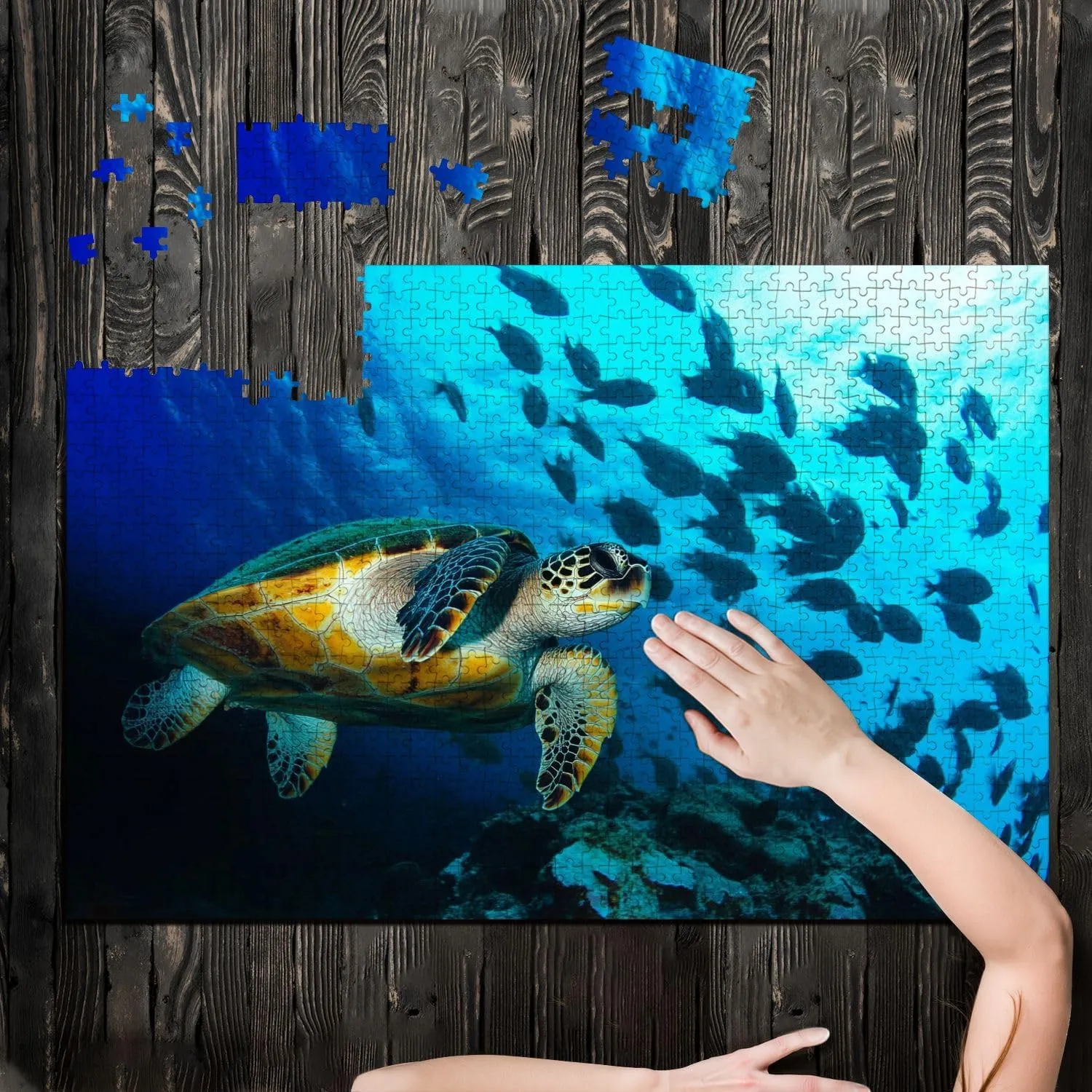 Puzzles for Adults 1000 Pieces Loggerhead Sea Turtle Swimming Between Fish Wooden Jigsaw Puzzles Challenging Fun Educational Family Games Kid Toys Art Work Gift Home Decor