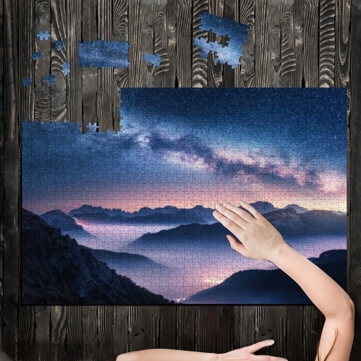 Puzzles for Adults 1000 Pieces Milky Way Mountains Fog Night Summer Landscape Foggy Alpine Mountain Wooden Jigsaw Puzzles Challenging Fun Educational Family Games Kid Toys Art Work Gift Home Decor