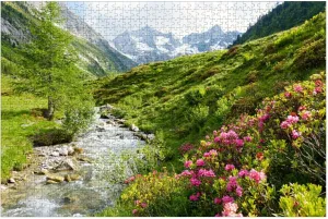 Puzzles for Adults 1000 Pieces Mountain River Alpine Roses Alps Spring Wooden Jigsaw Puzzles Challenging Fun Educational Family Games Kid Toys Art Work Gift Home Decor