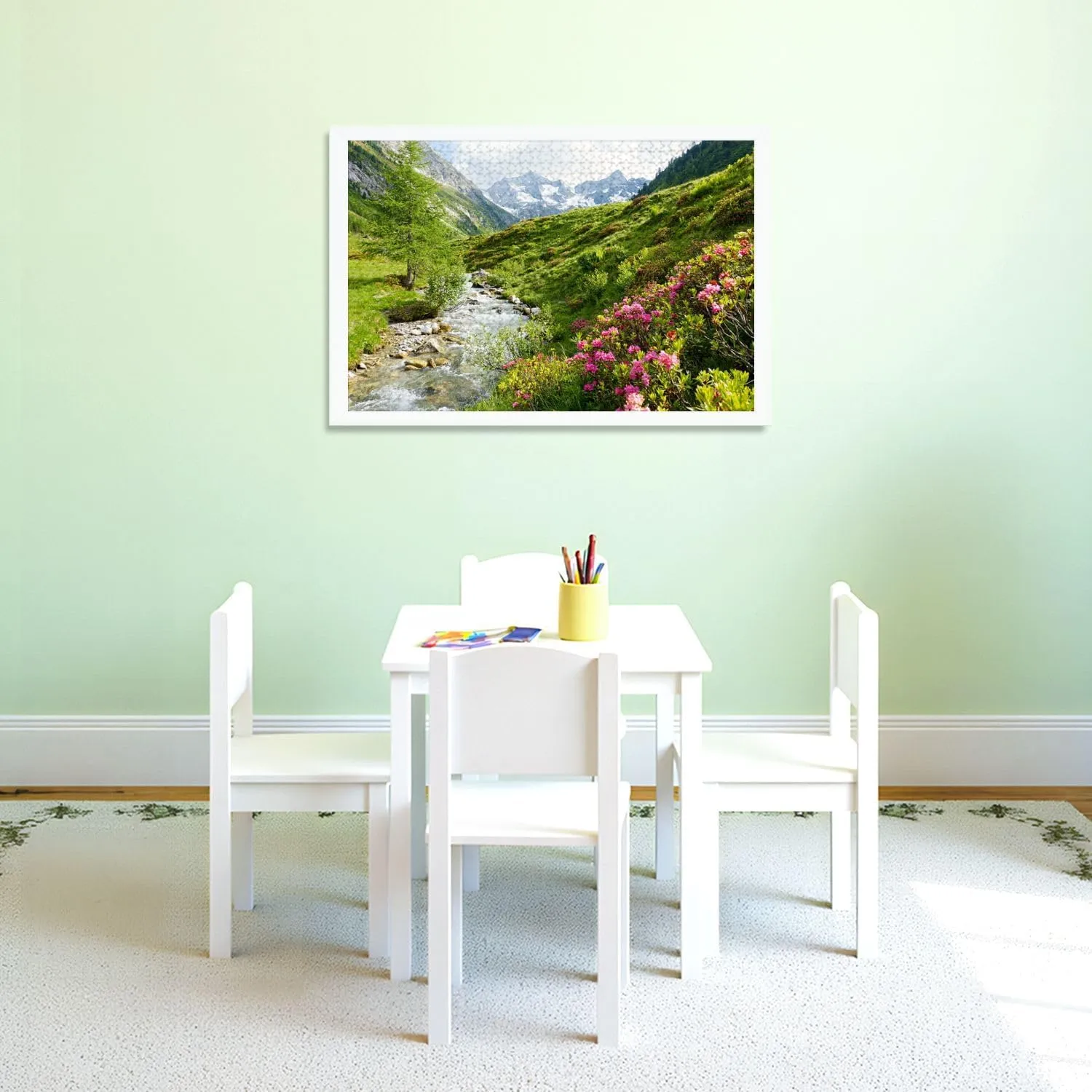 Puzzles for Adults 1000 Pieces Mountain River Alpine Roses Alps Spring Wooden Jigsaw Puzzles Challenging Fun Educational Family Games Kid Toys Art Work Gift Home Decor