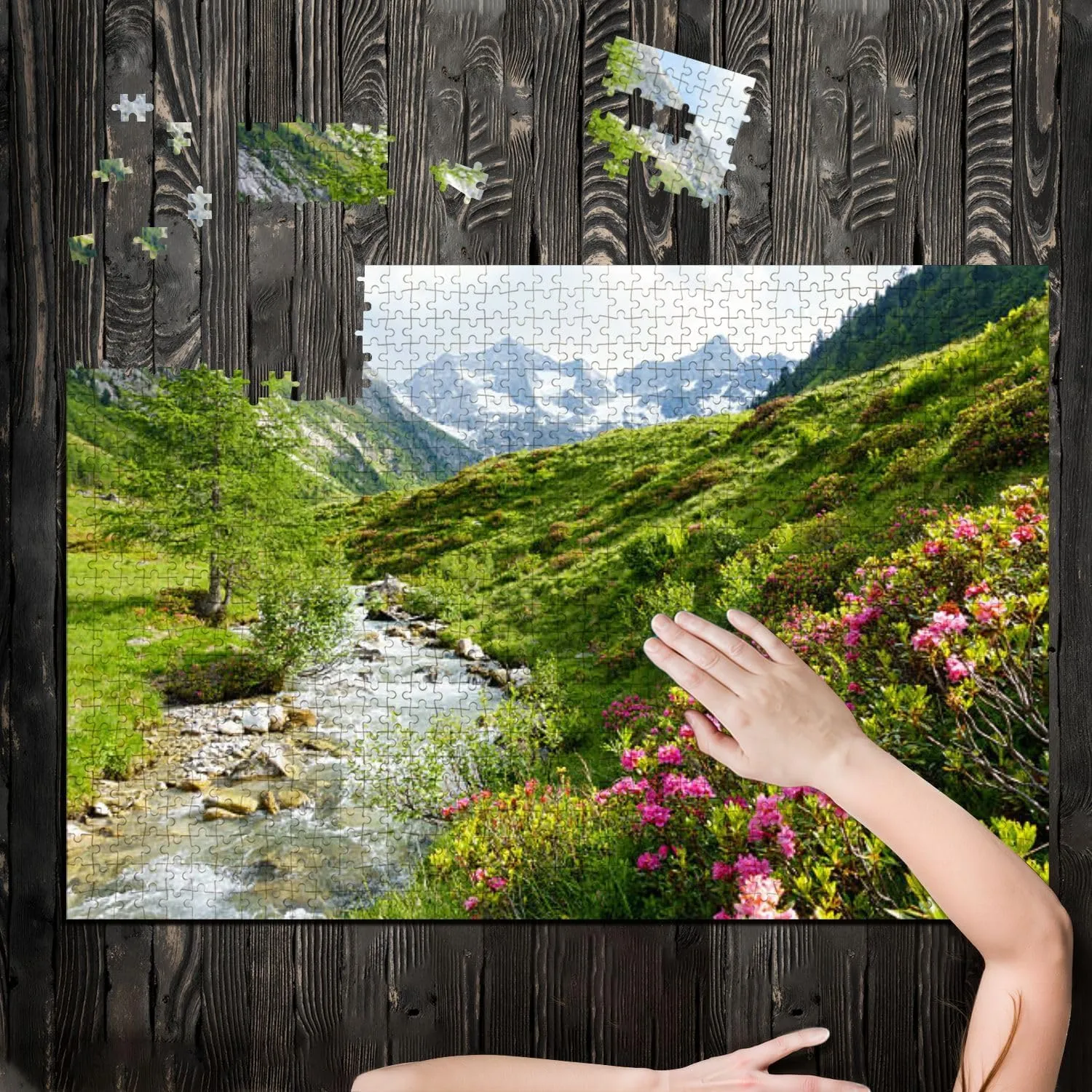 Puzzles for Adults 1000 Pieces Mountain River Alpine Roses Alps Spring Wooden Jigsaw Puzzles Challenging Fun Educational Family Games Kid Toys Art Work Gift Home Decor