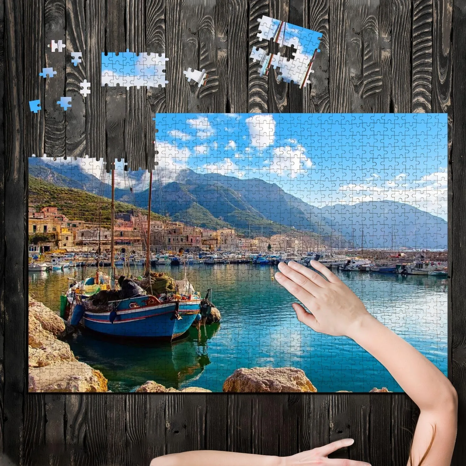 Puzzles for Adults 1000 Pieces Sicilian Port Fishing Boats Castellammare del Golfo Village Sicily Wooden Jigsaw Puzzles Challenging Fun Educational Family Games Kid Toys Art Work Gift Home Decor
